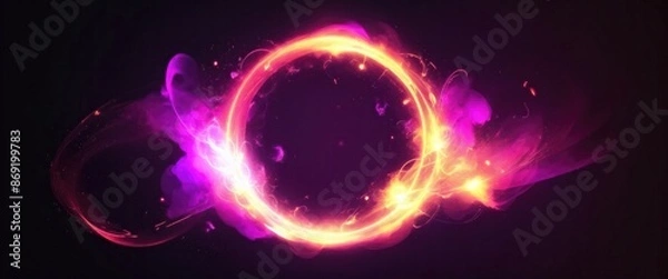 Fototapeta Circle and loop frames with magic Orange and pink flame and sparks on dark background, Abstract neon energy sphere of particles and waves of magical glowing on a dark background