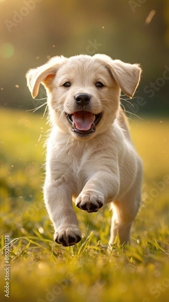 Fototapeta A little dog running on the grass
