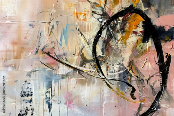 Fototapeta abstract painting with bold black strokes and splashes of pastel colors on a textured canvas background