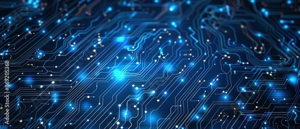 Fototapeta Abstract blue glowing circuit board with lines and dots, digital technology background.