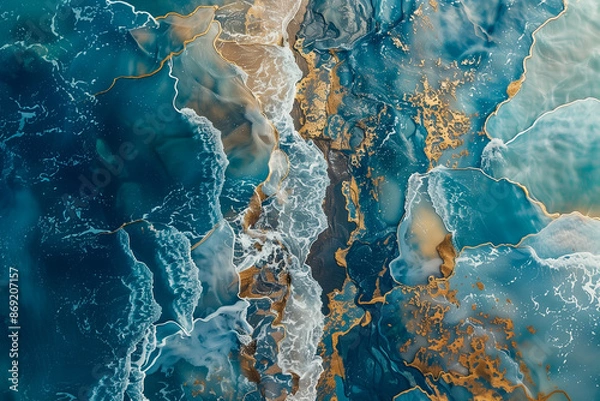 Obraz abstract aerial view of ocean waves meeting sandy shore in blue and gold tones, showcasing fluid artistic patterns