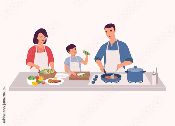 Fototapeta Family Preparing Food Together In The Kitchen. Smiling Little Son In Apron Cutting Cucumber With Knife. Father Cooking Steak With Frying Pan. Mother Making Salad.
