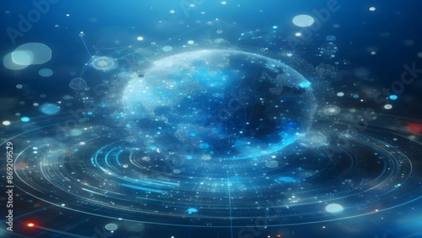 Fototapeta Blue abstract background with network grid and particles