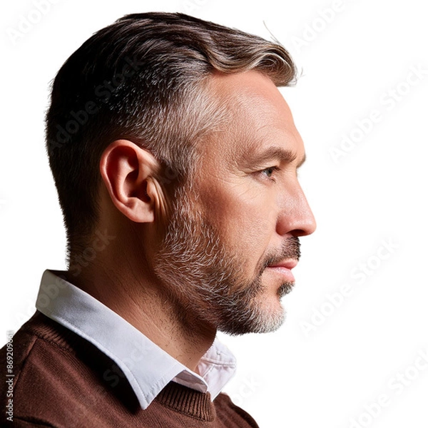 Obraz A man aged 40, facing towards the left side of her face, isolated on a white or transparent background in PNG format.