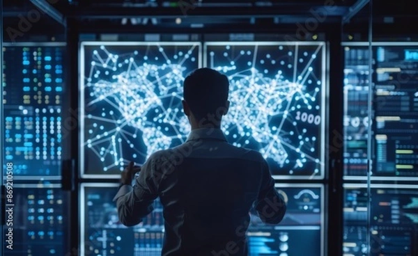 Fototapeta It specialist analyzing big data on multiple monitors showing global network and data connections in a data center