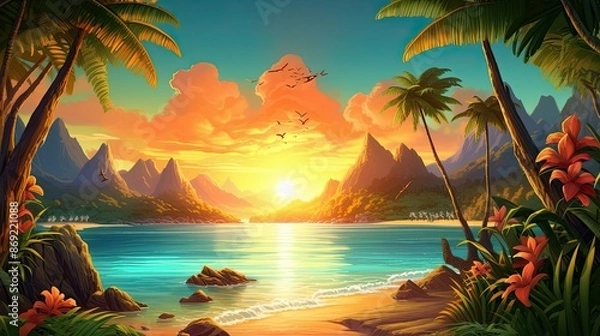 Fototapeta A beautiful sunset over a tropical beach. The warm colors of the sky and the lush green of the palm trees create a relaxing and inviting scene.