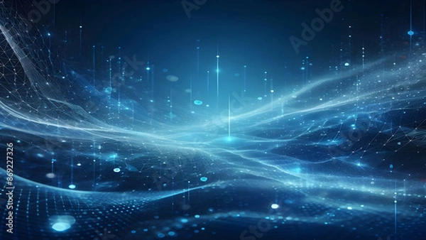 Fototapeta Blue abstract background with network grid and particles