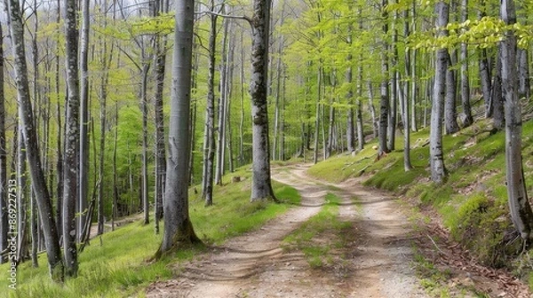 Fototapeta A winding dirt path leads through a dense green forest, sunlight filtering through the canopy