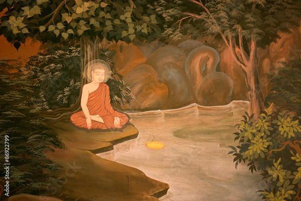 Obraz Art Thai, Buddha painting on wall in temple.