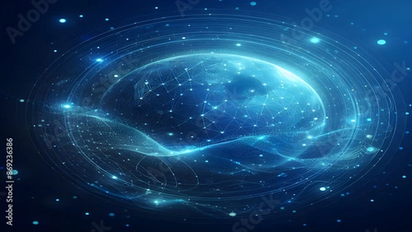 Fototapeta Blue abstract background with network grid and particles