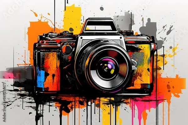 Obraz Watercolor retro vintage camera floral illustration. photography logo with flowers and plants. hand drawn, clipart, design, perfect for print, DIY, cards, wedding invitation, eps, white background.