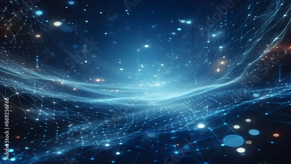 Fototapeta Blue abstract background with network grid and particles