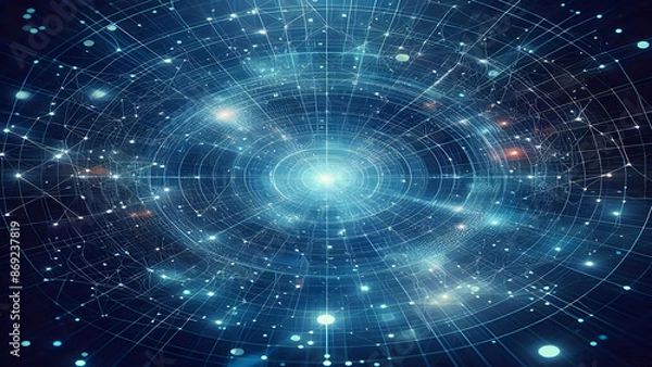 Fototapeta Blue abstract background with network grid and particles