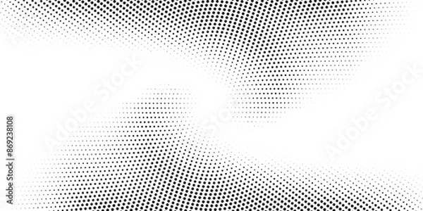 Fototapeta Black halftone radial gradient texture. Grunge halftone twist background. White and black sand noise wallpaper. Retro pixelated vector backdrop