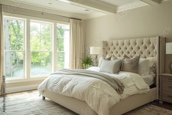 Fototapeta Elegant Bedroom Design Showcasing Neutral Hues and Plush Soft Textures