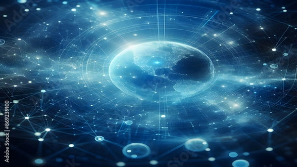 Fototapeta Blue abstract background with network grid and particles