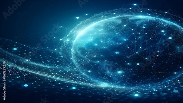 Fototapeta Blue abstract background with network grid and particles