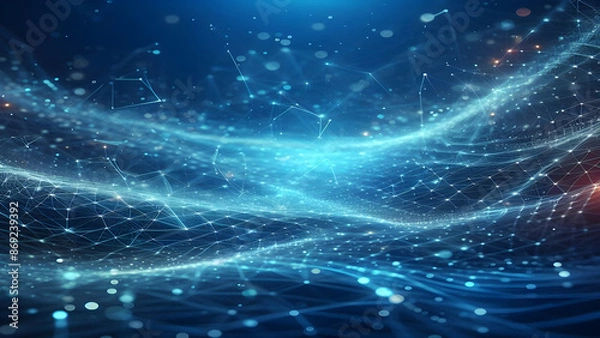 Fototapeta Blue abstract background with network grid and particles