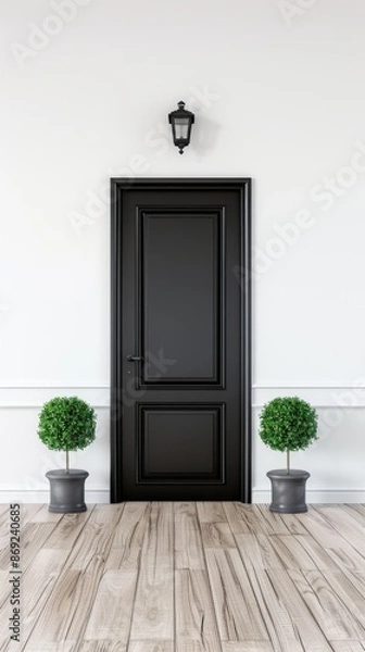 Fototapeta A black front door with a black doormat, two potted trees, and two lanterns on the white siding of a house