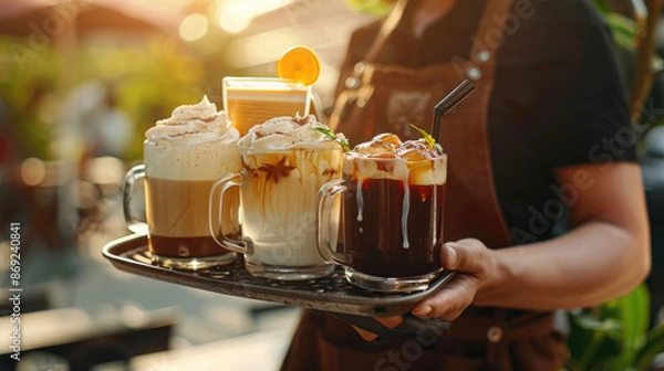Fototapeta A photo shows someone holding out a tray with different types of cold coffee drinks, a hot drink, and an ice latte on top
