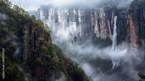 Fototapeta A dramatic hanging valley with a waterfall plunging into a misty forest below