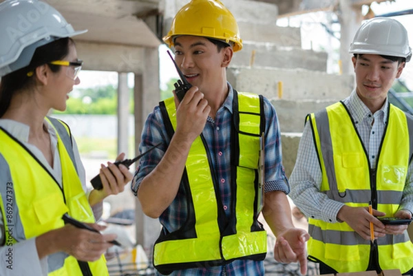 Fototapeta civil engineer and worker discussing issues at the construction site in the morning.
