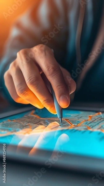 Obraz Close-up of a hand using a stylus on a digital map displayed on a tablet. Concept of modern navigation and technology.