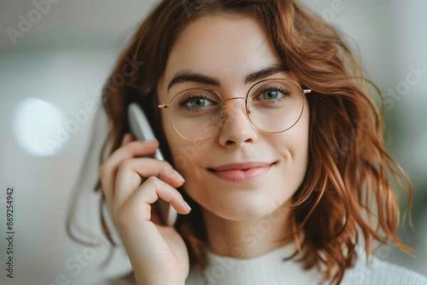 Obraz Young woman with glasses, smiling and talking on the phone, close-up shot, capturing a cheerful and friendly moment indoors.