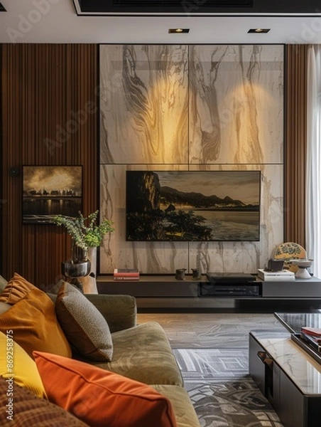 Fototapeta A sleek home theater setup in a modern living room includes two large TVs mounted on a wall unit. Decor is minimalist with comfy seating and a coffee table. Generative AI