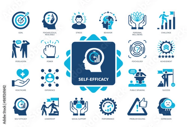 Obraz Self-Efficacy icon set. Goal, Experience, Social Support, Leadership, Performance, Achievement, Persuasion, Success. Duotone color solid icons