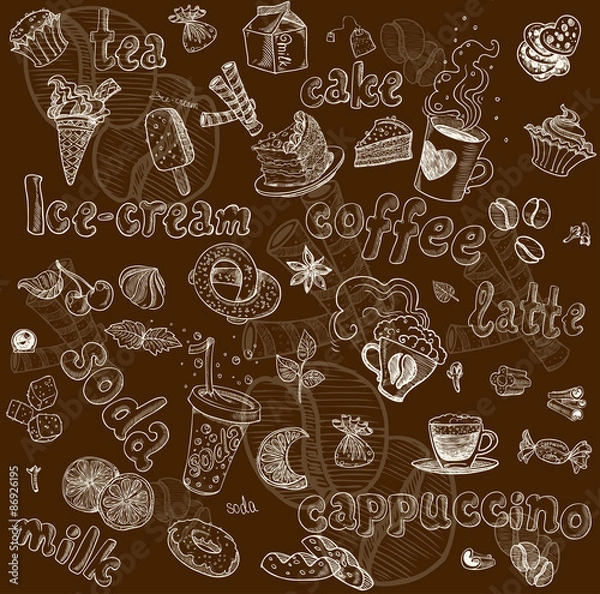 Obraz Dark seamless pattern with drinks and sweets