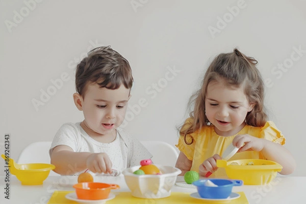 Obraz Children Playing with Toy Kitchen Set