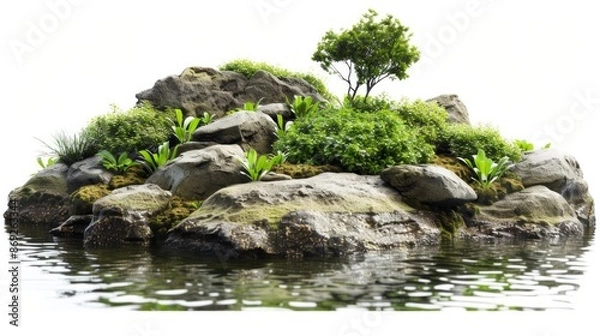 Fototapeta Small island with grass and stones. White background