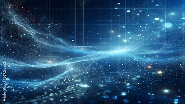 Fototapeta Blue abstract background with network grid and particles