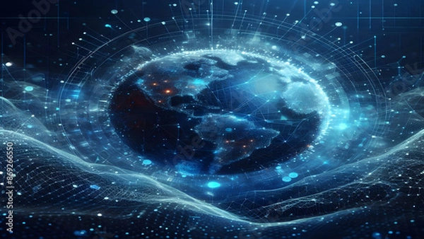 Fototapeta Blue abstract background with network grid and particles