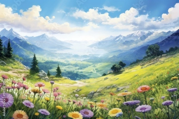 Obraz Scenery mountain meadow landscape wilderness grassland.