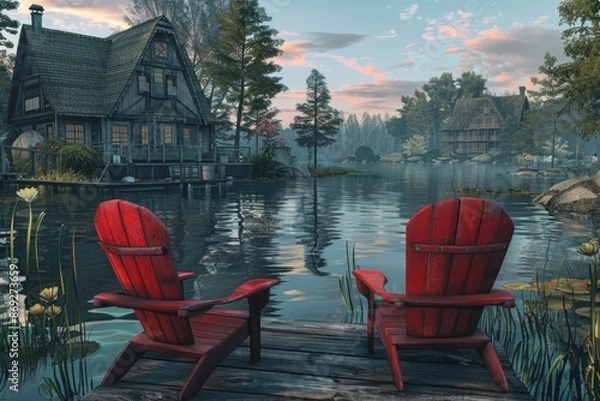 Fototapeta Two red chairs on a dock overlooking calm waters, perfect for relaxation or romantic getaway