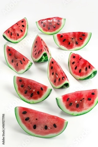 Fototapeta Fresh watermelon slices arranged on a clean white surface, ready for snacking or serving