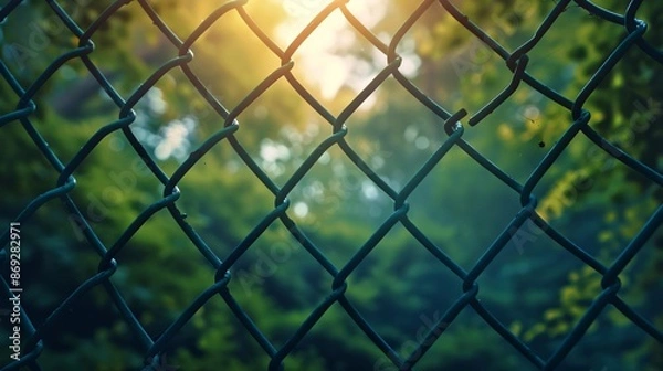Fototapeta Sunset View through a Chain-Link Fence