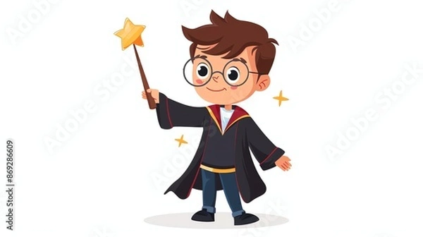 Fototapeta A cartoon illustration of a happy boy wearing a wizard's robe and holding a magic wand.