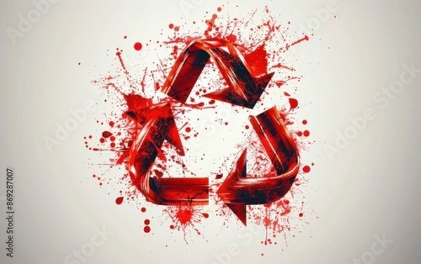 Fototapeta A close-up of a red recycle symbol with blood splatters on a white background. The symbol is designed with a 3D effect and is surrounded by abstract blood splatter