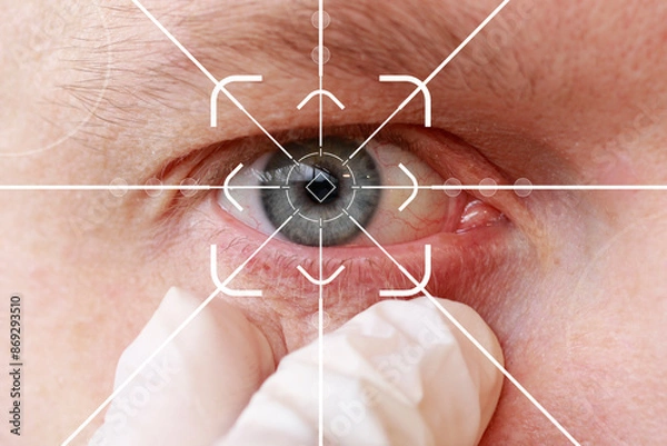 Obraz Eye monitoring and eye man scan. Biometric scan of male eyes close up.