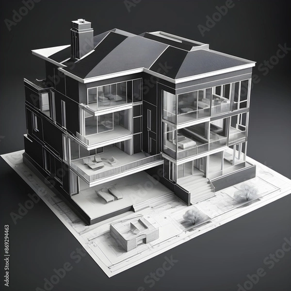 Fototapeta Detailed black and white architectural blueprint with a 3d model of a house design