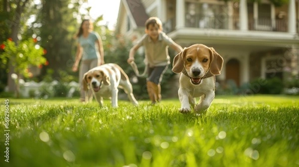 Fototapeta On a sunny afternoon, a family enjoys quality time on their front lawn as the kids play with their energetic beagle dog The children's excitement is palpable as they run and tumble in the grass The