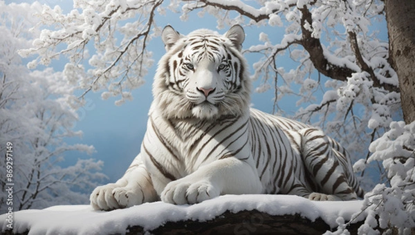Fototapeta A white tiger is lying on a snowy rock