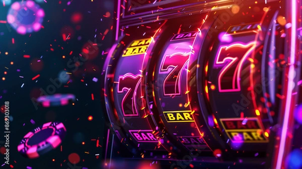 Fototapeta 3d Render Of A Casino Slot Machine With Glowing Neon Numbers And Flying Coloured Chips On A Dark Background, Hyper-realistic.
