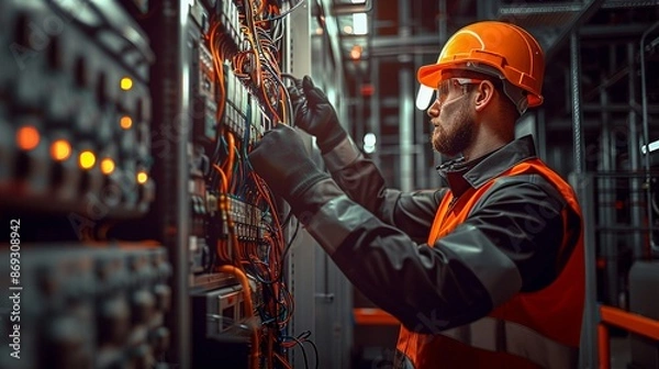 Fototapeta electrical engineer working on switchboard with complex wiring