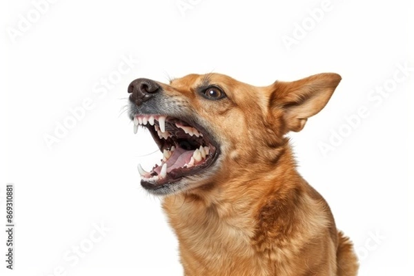Fototapeta This is a portrait of an aggressive dog showing angry teeth with an angry expression on a background. Pets are at risk for being attacked by aggressive dogs.