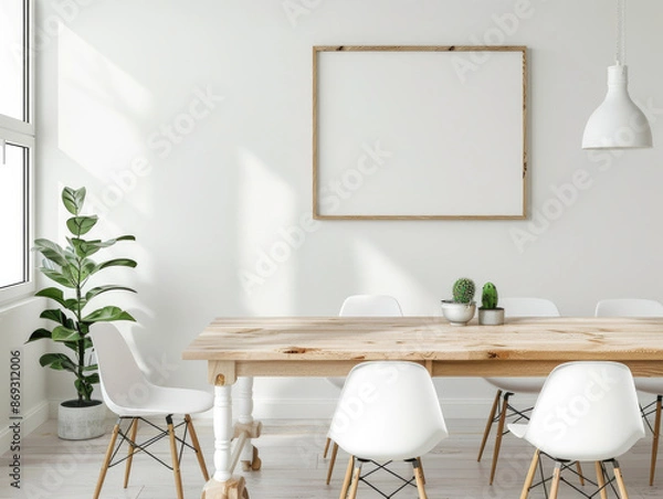 Fototapeta Minimalist dining area with wooden table, white chairs, blank frame on wall, light interior, soft natural light, cozy space.