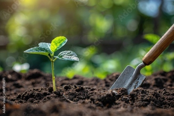 Fototapeta A small plant sits next to a shovel in a close-up shot, ideal for gardening or nature-themed uses